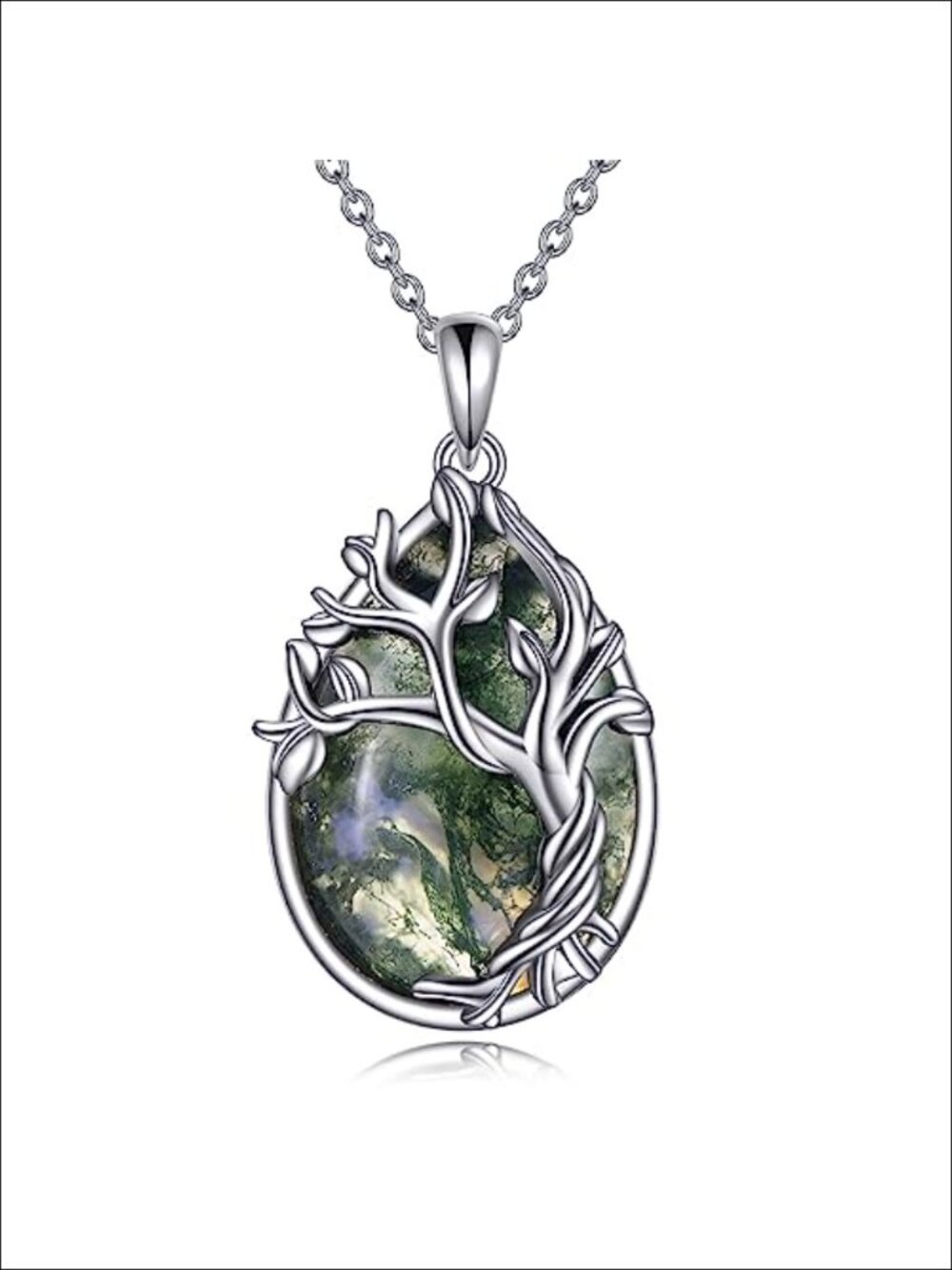 925 Sterling Silver Teardrop Necklace, Moss Agate Tree of Life Pendant,